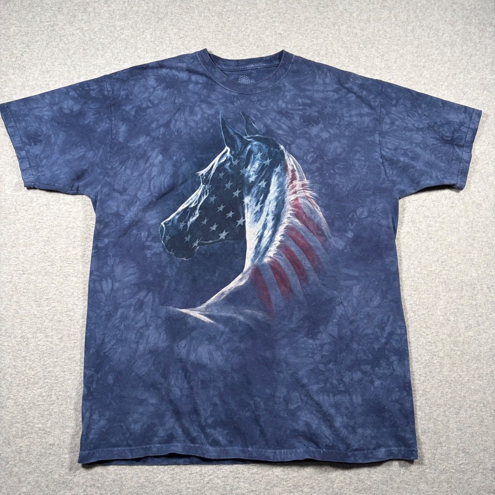 The Mountain T-Shirt Men 2XL Blue Tie Dye Patriotic Horse American Flag Graphic